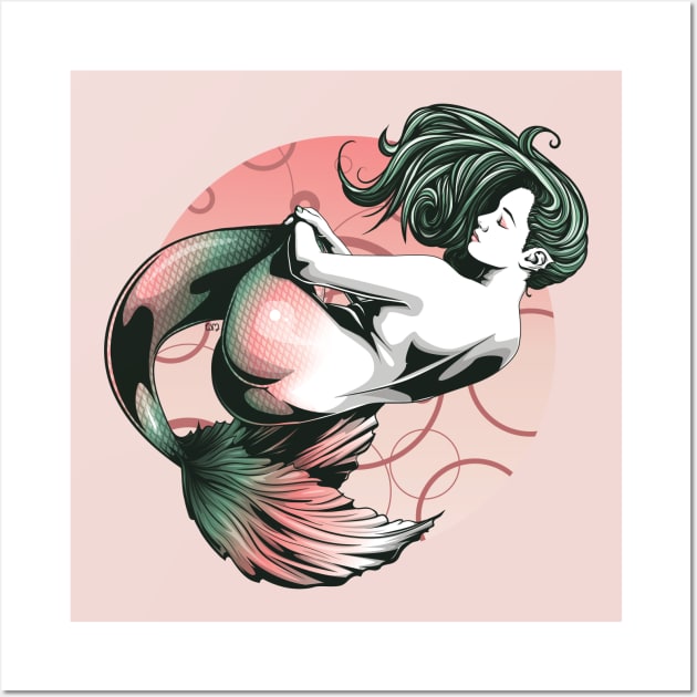 Red and Green Mermaid Wall Art by redappletees